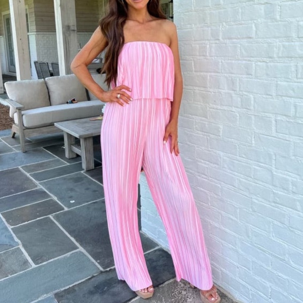 NWT pink Pleated Strapless Overlay Jumpsuit